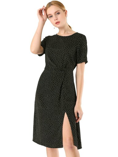 Allegra K フレアワンピース ドレス スリット ラウンドネック ウェストゴム バックスプリット レディース ブラック L Allegra K フレアワンピース ドレス スリット ラウンドネック ウェストゴム バックスプリット レディース ブラック L