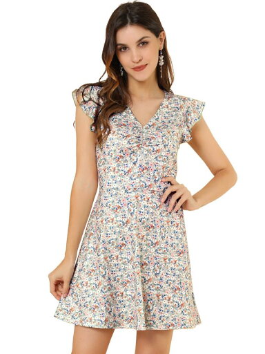 Allegra K 花柄 Vネック ワンピース aライン ノースリーブ フレア フリル袖 レディース グリーン M Allegra K 花柄 Vネック ワンピース aライン ノースリーブ フレア フリル袖 レディース グリーン M