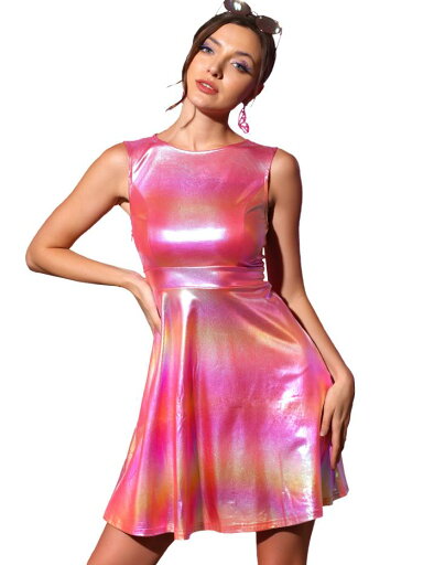 Allegra K メタリック フレアワンピース ミニドレス ノースリーブ 丸首 ハイウエスト レディース ホットピンク XL Allegra K メタリック フレアワンピース ミニドレス ノースリーブ 丸首 ハイウエスト レディース ホットピンク XL