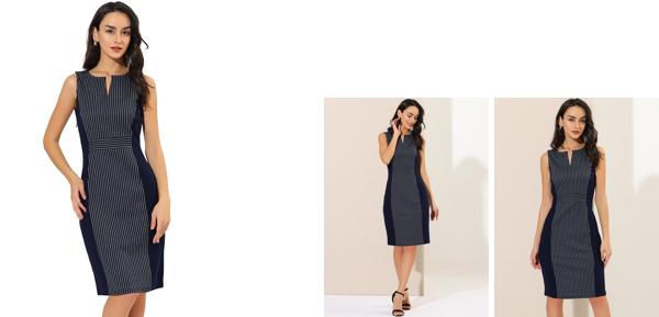 Allegra K タイトワンピース Vネック ワーク オフィス ビジネス ノースリーブ ボディコン ミディ ペンシル ドレス レディース ブルー S