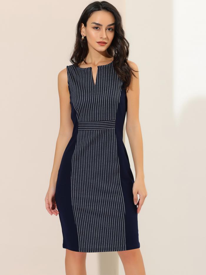 Allegra K タイトワンピース Vネック ワーク オフィス ビジネス ノースリーブ ボディコン ミディ ペンシル ドレス レディース ブルー S