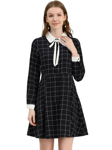 Allegra K チェック柄 ワンピース 丸襟 Aライン フレアピーターパンカラー ボタンアップ レディース ブラック L Allegra K チェック柄 ワンピース 丸襟 Aライン フレアピーターパンカラー ボタンアップ レディース ブラック L