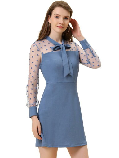 Allegra K 水玉ワンピース メッシュシアーパネル ネクタイネック エレガント 長袖 Aライン レディース グレーブルー S Allegra K 水玉ワンピース メッシュシアーパネル ネクタイネック エレガント 長袖 Aライン レディース グレーブルー S