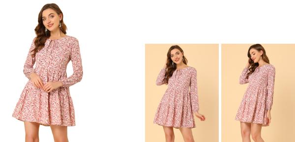 Allegra K 花柄 ティアードワンピース ボウタイネック レイヤード ドレス レディース ベージュレッド M