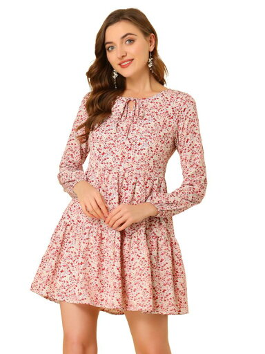 Allegra K 花柄 ティアードワンピース ボウタイネック レイヤード ドレス レディース ベージュレッド M Allegra K 花柄 ティアードワンピース ボウタイネック レイヤード ドレス レディース ベージュレッド M