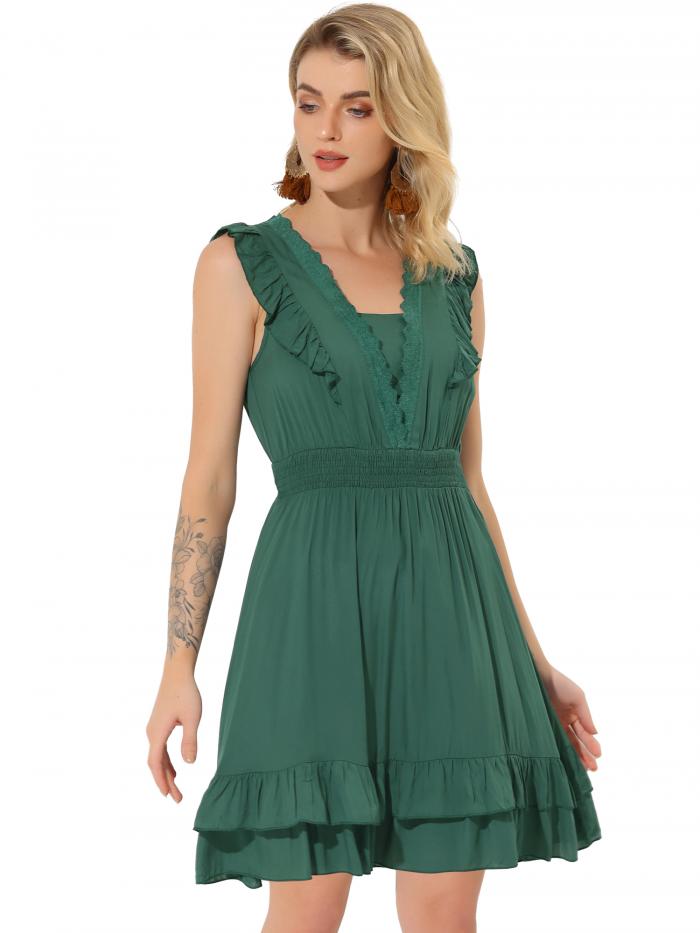 Allegra K フリルワンピース ドレス ノースリーブ Vネック レーストリム レディース ダークグリーン S