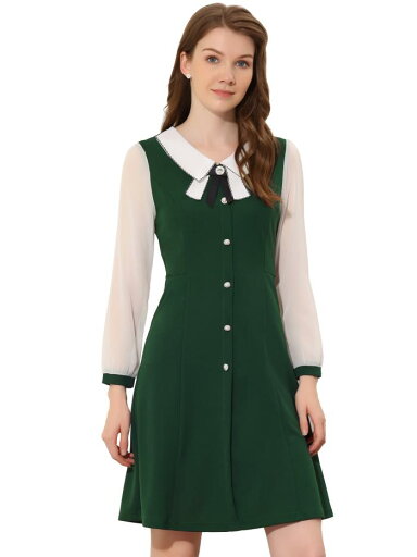 Allegra K ボウタイ丸襟 Aラインワンピース 長袖 エレガント ボタンの装飾 ショートドレス レディース ダークグリーン XL Allegra K ボウタイ丸襟 Aラインワンピース 長袖 エレガント ボタンの装飾 ショートドレス レディース ダークグリーン XL
