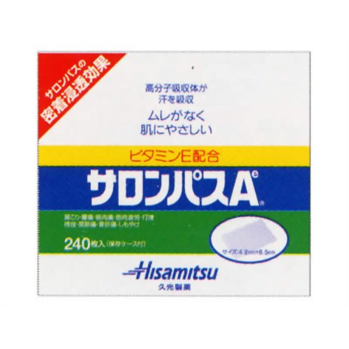 【商品詳細及び使用上の注意】筋肉や関節のコリや痛みをしずめる消炎鎮痛プラスターです。有効成分のビタミンEが患部の血行を促進し、サリチル酸メチルやL-メントール、dl-カンフルが炎症をおさえて、痛みをしずめます。汗を吸収する高分子吸収体を配合しているので、皮膚への刺激がおさえられ、かぶれにくくなっています。普通判(6.5cm×4.2cm)。医薬品。■内容量240枚「してはいけないこと」(守らないと現在の症状が悪化したり、副作用が起こりやすくなる) 1、次の部位には使用しないでください。 (1)目の周囲、粘膜など。(2)湿疹、かぶれ、傷口。 「相談すること」 1、次の人は使用前に医師又は薬剤師に相談してください。 (1)本人又は家族がアレルギー体質の人。 (2)薬によるアレルギー症状を起こしたことある人。 2、次の場合は、直ちに使用を中止し、この箱を持って医師又は薬剤師に相談してください。 (1)使用後、次の症状があらわれた場合。 関係部位皮ふ 症状発疹・発赤、かゆみ、かぶれ、色素沈着、皮ふはく離 (2)5-6日間使用しても症状が良くならない場合。 効能・効果肩こり、腰痛、筋肉痛、筋肉疲労、打撲、捻挫、関節痛、骨折痛、しもやけ 用法・用量1日数回患部に貼付してください。 「用法・用量に関連する注意」 (1)小児に使用させる場合には、保護者の指導監督のもとに使用させてください。 (2)患部の皮ふは清潔にして貼ってください。 (3)皮ふの特に弱い人は同じ所には続けて貼らないでください。 成分・分量膏体100g中サリチル酸メチル・・・6.29g l-メントール・・・5.71g ビタミンE酢酸エステル・・・2.00g dl-カンフル・・・1.24g添加物として、アクリル酸デンプン、香料、酸化亜鉛、酸化チタン、水添ロジングリセリンエステル、生ゴム、二酸化ケイ素、BHT、 ポリイソブチレン、ポリブテン、その他1成分を含有します。 保管および取扱い上の注意(1)直射日光の当たらない涼しい所に保管してください。(2)小児の手の届かない所に保管してください。(3)開封後は袋ごと「保存ケース」に入れて保存してください。 お問い合わせ先久光製薬株式会社お客様相談室 100-6221 東京都千代田区丸の内1-11-1 電話：0120-133250 受付時間：9時-12時、13時から17時50分まで(土・日・祝日を除く ) 製造発売元 久光製薬株式会社 841-0017 鳥栖市田代大官町408 【商品区分】： 日本製・【第3類医薬品】【使用期限】使用期限まで1年以上あるものをお送りします。広告文責　有限会社VISIONARYCOMPANY　ドレミドラッグ　登録販売者　岩瀬　政彦 電話番号:072-866-6200 【医薬品販売における記載事項】※パッケージデザ イン等は予告なく変更されることがあります。筋肉や関節のコリや痛みをしずめる消炎鎮痛プラスターです。有効成分のビタミンEが患部の血行を促進し、サリチル酸メチルやL-メントール、dl-カンフルが炎症をおさえて、痛みをしずめます。汗を吸収する高分子吸収体を配合しているので、皮膚への刺激がおさえられ、かぶれにくくなっています。普通判（6.5cm*4.2cm）。