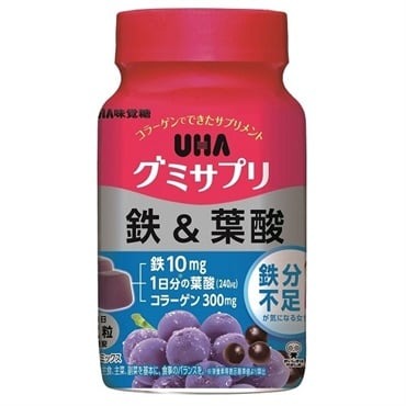 □商品説明 ●水なしで、いつでもどこでも手軽に摂れる、グミ形状のサプリメントです。 ●2粒で鉄10mgと1日分の葉酸を摂取できます。 ●鉄分不足の方にオススメです。 ●鉄は赤血球を作るのに必要な栄養素です。 ●葉酸は赤血球の形成を助ける栄養素です。また、胎児の正常な発育にも寄与します。 ●アサイーミックス味。 【保健機能食品表示】 ・鉄は、赤血球を作るのに必要な栄養素です。 ・葉酸は、赤血球の形成を助けるとともに、胎児の正常な発育に寄与する栄養素です。 【召し上がり方】 ・1日2粒を目安によく噛んでお召し上がりください。 【原材料】 砂糖、水飴、コラーゲン、濃縮果汁(りんご、グレープ)、アサイーパルプ、甘味料(ソルビトール)、酸味料、ピロリン酸第二鉄、ゲル化剤(べクチン)、香料、光沢剤、葉酸、(原材料の一部にゼラチンを含む) 【栄養成分】 (2粒あたり) エネルギー：16kcal たんぱく質：0.3g 脂質：0～1g 炭水化物：3.9g ナトリウム：0～2mg 鉄：10mg(133％) 葉酸：200μg(100％) コラーゲン：300mg ()内数字は1日当たりの栄養素等表示基準値(2015)(18歳以上、基準熱量2200kcal)に占める割合 【アレルギー物質】 りんご、ゼラチン 【注意事項】 ・胎児の正常な発育に寄与する栄養素ですが、多量摂取により胎児の発育が良くなるものではありません。 ・開封後は、チャック(キャップ)をしっかり閉めてお早めにお召し上がりください。 ・本品は、多量摂取により疾病が治癒したり、より健康が増進するものではありません。1日の摂取目安量を守ってください。 ・葉酸は、胎児の正常な発育に寄与する栄養素ですが、多量摂取により胎児の発育が良くなるものではありません。 ・万一体質に合わない場合は、摂取を中止してください。 ・薬を服用中あるいは通院中や妊娠・授乳中の方は、医師とご相談の上お召し上がりください。 ・お子様の手の届かないところに保管してください。 ・本品は、特定保健用食品と異なり、消費者庁長官による個別審査を受けたものではありません。 ・食生活は、主食、主菜、副菜を基本に、食事のバランスを。 ・本品の摂取は大人を対象としております。 【内容量】 60粒(30日分) 【発売元、製造元、輸入元又は販売元】 味覚糖株式会社 〒639-1031 奈良県大和郡山市今国府町137-5 UHA味覚糖 お客様相談センター 0120-653-910 土・日・祝を除く9:00〜17:00 【ブランド】 グミサプリ □JANコード 4902750651807 □商品区分・原産国または生産国 【健康食品】・日本 広告文責　有限会社VISIONARYCOMPANY　 ドレミドラッグ　登録販売者　岩瀬　政彦 電話番号:072-866-6200 【医薬品販売における記載事項】 ※パッケージデザイン等は予告なく変更されることがあります。【C】