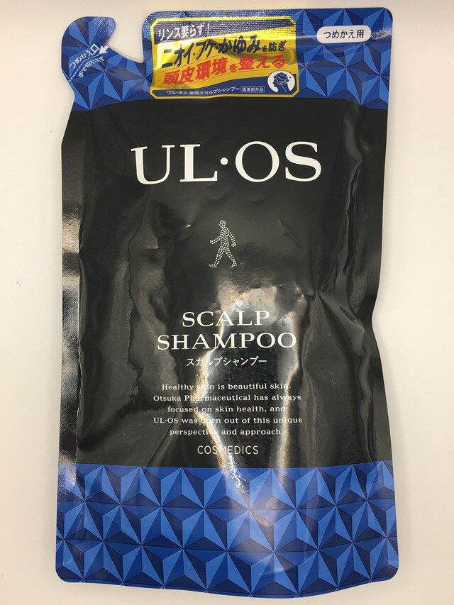 □商品説明 頭皮・毛髪の皮脂や汚れを取り除き、汗のにおいを防いで、すっきり清潔に保ちます。 シャンプーだけでも髪がきしみません。 頭皮と毛髪を清浄にし、フケ・かゆみ・汗臭を防ぎ、すこやかに保ちます。 医薬部外品。 【効能・効果】 ふけ、かゆみを防ぐ。 毛髪・頭皮の汗臭を防ぐ。 毛髪・頭皮を清浄にする。 毛髪・頭皮をすこやかに保つ。 【ポンプボトルへのつめかえ方】 1.つめかえ口の部分をしっかり持ち、矢印の方向に点線に沿ってゆっくりと切ってください。 2.つめかえ口をボトルに差し込んで固定し、両手で持ち、ゆっくりと注ぎ込んでください。 ※他の製品と混ぜないでください。 ※必ず、ウル・オス薬用スカルプシャンプーのポンプボトルに一回で全量をつめかえてください。 ※つめかえ前に空のボトルの中とポンプ部をよく洗い、乾燥させてからつめかえてください。 ※水やお湯で薄めないでください。雑菌が繁殖し、トラブルの原因となります。 ※つめかえ後は、このパックの製造番号を記録するか、切り取ってポンプボトルに貼り付けてください。(製品についてのお問い合わせの際に必要な場合があります。) 【ご使用方法】 髪をぬらしてから、適量を手にとり、毛髪・頭皮を指の腹でマッサージするように洗い、その後よくすすいでください。 【成分】 有効成分：シメン-5-オール、グリチルリチン酸2K その他の成分：ラウロイルアスパラギン酸Na液、ラウリン酸アミドプロピルベタイン液、テトラデセンスルホン酸Na液、POEヤシ油脂肪酸グリセリル、DPG、塩化ジメチルジアリルアンモニウム・アクリルアミド共重合体液、塩化トリメチルアンモニオヒドロキシプロピルヒドロキシエチルセルロース、クエン酸、メントール、乳清、無水リン酸水素2Na、安息香酸塩、無水亜硫酸Na、エデト酸塩、BG、香料、精製水 【ご注意】 ●湿疹、皮膚炎（かぶれ、ただれ）等の皮膚障害があるときには、悪化させるおそれがありますので使わないでください。かぶれたり、刺激を感じたときには使用を中止し、症状が残る場合は、皮膚科専門医等へ相談をおすすめします。 ●目に入らないよう注意し、入った場合は、すぐに水で洗い流してください。 ●乳幼児の手の届かないところに保管してください。 ●極端に高温又は低温の場所、直射日光のあたる場所には保管しないでください。 【内容量】 420ml 【発売元、製造元、輸入元又は販売元】 製造販売元 大塚製薬株式会社 〒101-0048 東京都千代田区神田司町2-9 お客様相談窓口：03(3293)3212 受付時間 9:00〜17:00 (土・日・祝日・休業日を除く) 【ブランド】 ウル・オス (UL・OS) □JANコード 4987035520115 □商品区分・原産国または生産国 【医薬部外品】・日本 広告文責　有限会社VISIONARYCOMPANY　 ドレミドラッグ　登録販売者　岩瀬　政彦 電話番号:072-866-6200 【医薬品販売における記載事項】 ※パッケージデザイン等は予告なく変更されることがあります。【T】