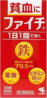 □商品説明 ●吸収のよい溶性ピロリン酸第二鉄を主成分とし、効果的にヘモグロビンを造り、貧血を改善する鉄剤です。 ●赤血球を造るのに必要な葉酸とビタミンB12をバランスよく配合しています。 ●コーティング錠だから、鉄の味やニオイがしません。 ●腸でとける錠剤なので効果的に成分を体内に吸収します。 ●1日1回の服用で効きます。 【効能 効果】 ・貧血 【用法 用量】 ・次の1回量を1日1回食後に水またはお湯で服用してください 大人(15才以上)・・・2錠 8才以上15才未満・・・1錠 8才未満・・・服用しないこと ＜用法・用量に関連する注意＞ ・定められた用法・用量を厳守すること ・吸湿しやすいため、服用のつどキャップをしっかりしめること ・服用の前後30分はお茶・コーヒーなどを飲まないこと ・小児に服用させる場合には、保護者の指導監督のもとに服用させること ※本品は水またはお湯で、かまずに服用すること 【成分】 (1日量(2錠)中) 溶性ピロリン酸第二鉄：79.5mg シアノコバラミン(ビタミンB12)：50マイクロg 葉酸：2mg 添加物：乳糖、ヒドロキシプロピルセルロース、タルク、ステアリン酸Mg、ヒプロメロースフタル酸エステル、クエン酸トリエチル、白糖、ゼラチン、アラビアゴム、酸化チタン、炭酸Ca、ポリオキシエチレンポリオキシプロピレングリコール、赤色102号、カルナウバロウ 【使用上の注意】 ＜してはいけないこと＞ (守らないと現在の症状が悪化したり、副作用が起こりやすくなる) ・本剤を服用している間は、次の医薬品を服用しないこと 他の貧血用薬 ＜相談すること＞ ・次の人は服用前に医師、薬剤師または登録販売者に相談すること (1)医師の治療を受けている人 (2)妊婦または妊娠していると思われる人 (3)薬などによりアレルギー症状を起こしたことがある人 ・服用後、次の症状があらわれた場合は副作用の可能性があるので、直ちに服用を中止し、製品の文書を持って医師、薬剤師または登録販売者に相談すること [関係部位：症状] 皮ふ：発疹・発赤、かゆみ 消化器：吐き気・嘔吐、食欲不振、胃部不快感、腹痛 ・服用後、便秘、下痢の症状があらわれることがあるので、このような症状の持続または増強が見られた場合には、服用を中止し、製品の文書を持って医師、薬剤師または登録販売者に相談すること ・2週間くらい服用しても症状がよくならない場合は服用を中止し、製品の文書を持って医師、薬剤師または登録販売者に相談すること 【保管および取扱い上の注意】 ・直射日光の当たらない湿気の少ない涼しいところに密栓して保管すること ・小児の手の届かないところに保管すること ・他の容器に入れ替えないこと(誤用の原因になったり品質が変わる) ・品質保持のため、錠剤を取り出す時はキャップに取り、手に触れた錠剤はビンに戻さないこと ・ビンの中の詰め物は輸送時の破損防止用なので開封時に捨てること ・乾燥剤は服用しないこと 【内容量】 120錠 【発売元、製造元、輸入元又は販売元】 お客様相談室 フリーダイヤル：0120-5884-01 受付時間：9：00-17：00(土・日・祝日を除く) 発売元 小林製薬株式会社 〒541-0045 大阪市中央区道修町4-4-10 製造販売元 日新製薬株式会社 〒994-0069 山形県天童市清池東2-3-1 【ブランド】 ファイチ □JANコード 4987072071878 □商品区分・原産国または生産国 【第2類医薬品】・日本 広告文責　有限会社VISIONARYCOMPANY　 ドレミドラッグ　登録販売者　岩瀬　政彦 電話番号:072-866-6200 【医薬品販売における記載事項】 ※パッケージデザイン等は予告なく変更されることがあります。【C】