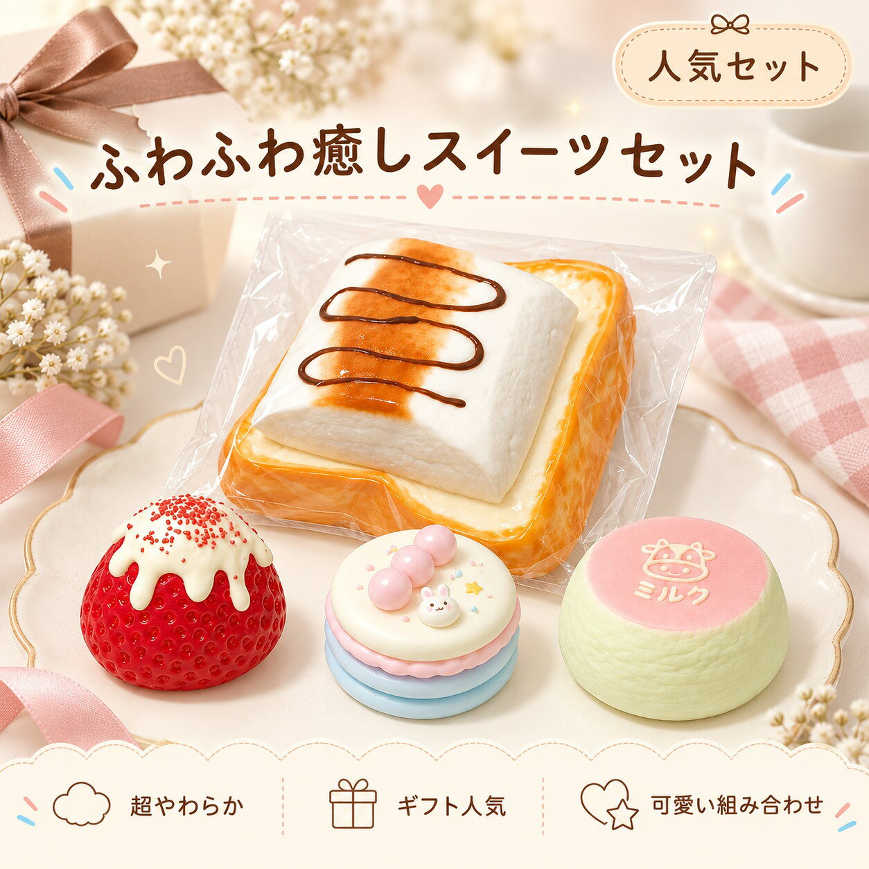 スクイーズ 水感スクイーズ 4点セット スイーツスクイーズ 食べ物スクイーズ マシュマロトースト ケーキ いちご デザート 低反発 もちもち ぷにぷに 握る ストレス解消 癒し系 おもちゃ デスク用 コレクション プレゼント ギフト doremifa-10008409 ひまわり パッケージ画像