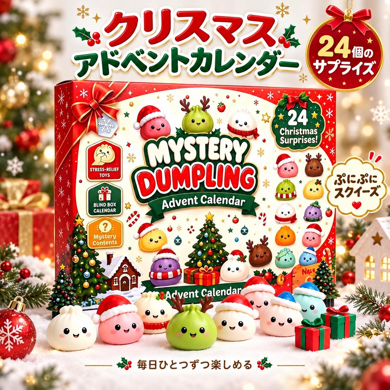 【商品について】クリスマスまでのカウントダウンを楽しめる、24個入りスクイーズのアドベントカレンダーです。毎日ひとつずつ開けられ、収納トレー付きで遊んだ後も整理できます。【選べる種類】・ホワイトレッド・ブルー・レッド【サイズ】ワンサイズ（スクイーズ24個入り。パッケージごとにデザインが異なります）【ご注文前に】・選択したパッケージデザインを1セットお届けします。・各スクイーズのデザインや色の組み合わせは、掲載画像と一部異なる場合があります。・食べ物ではありません。口に入れたり、強く引っ張ったりしないでください。・小さなお子様が使用する場合は、必ず保護者のもとでお使いください。