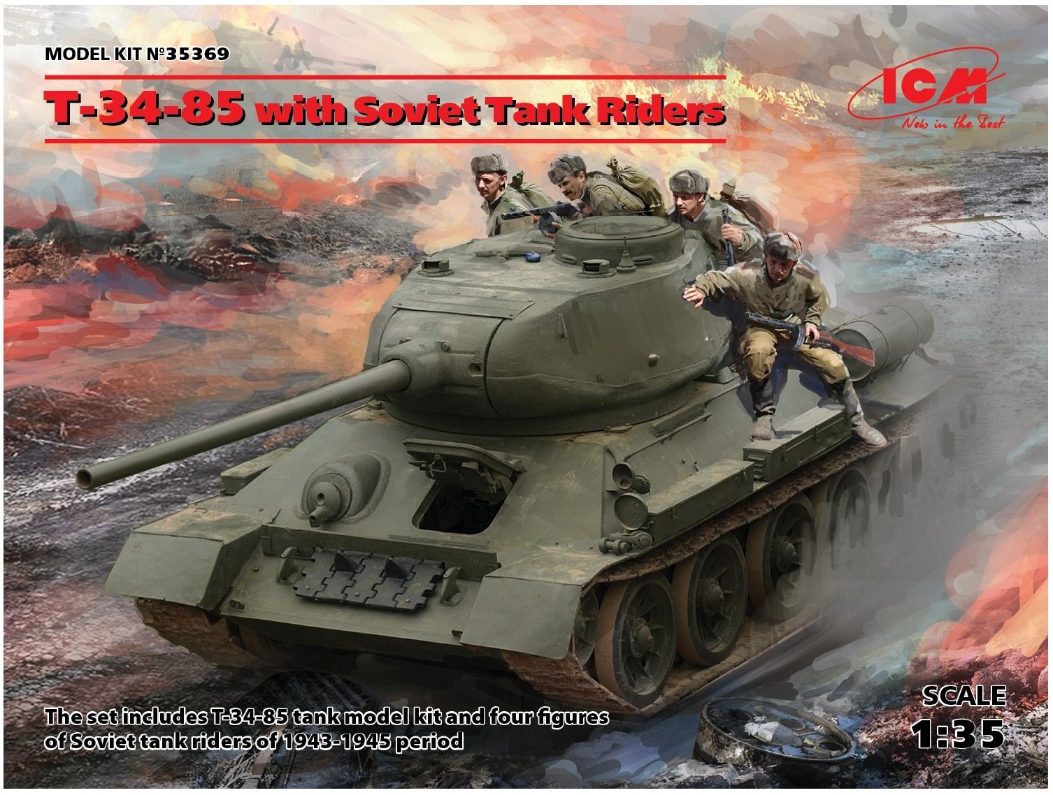 【中古】【非常に良い】ICM 1/35 ソビエト陸軍 T-34/85 w/戦車搭乗歩兵 プラモデル 35369
