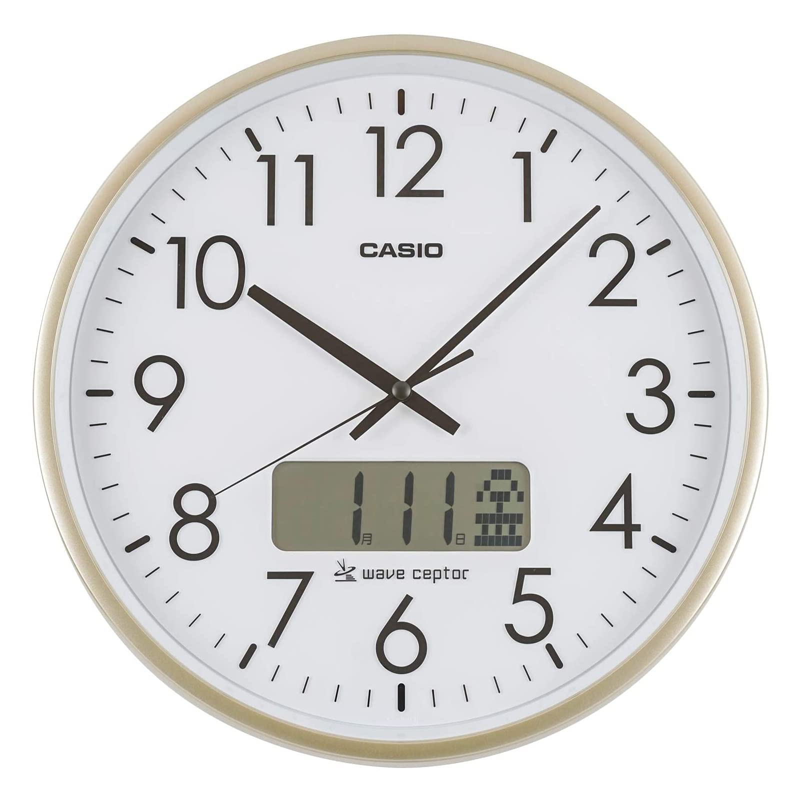 【中古】【非常に良い】CASIO(カシオ) 掛け時計 壁掛け時計 電波時計 ホワイト ゴールド アナログ 時報付き時計 カレンダー IC-2100J-9JF