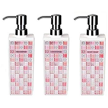 【中古】(未使用・未開封品) ピアストレラ ディスペンサー詰め替えボトル3本セット(シャンプー・コンディショナー・ボディソープ)角型 大(500ml)ピンク k...