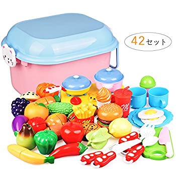 【中古】(未使用・未開封品) 42点セット おままごと キッチン 二人遊びセット 収納ボックス 切れる 野菜 果物 コンロ 包丁 目玉焼き 児童館用品 誕生日 祝い プレゼント リア