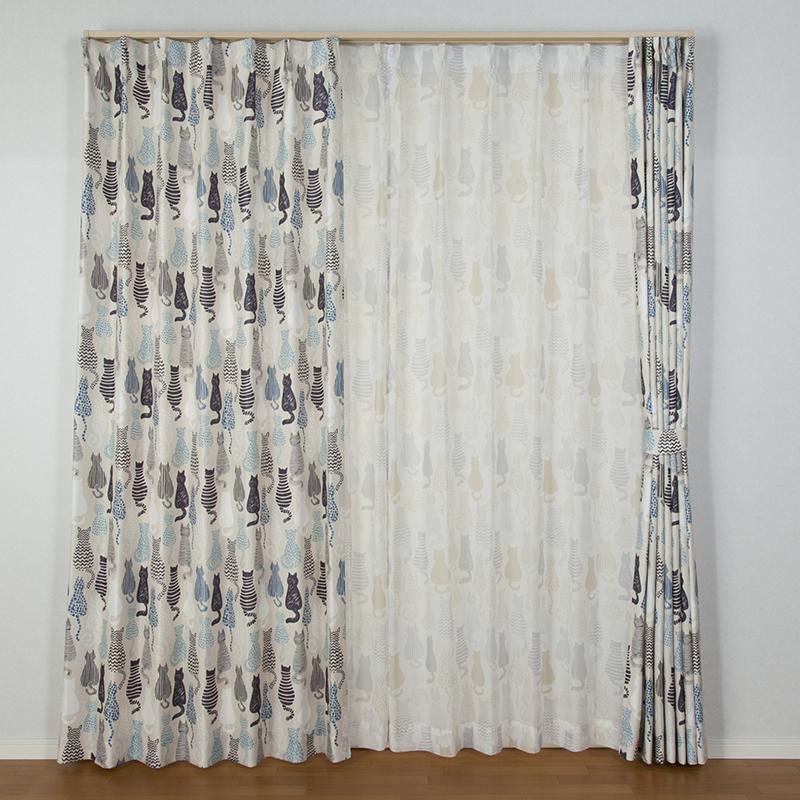 セットカーテン レースカーテン付き ネコ柄 仲良し ねこ 後ろ姿