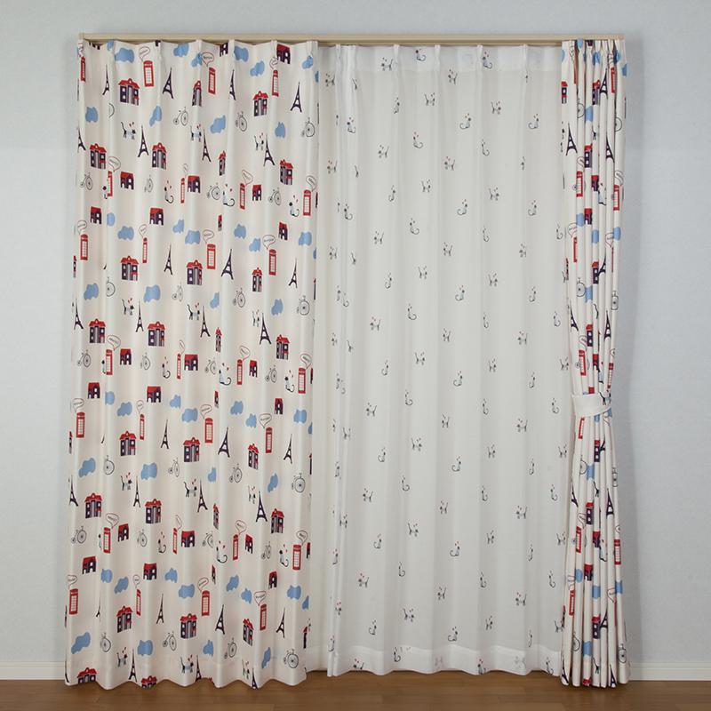 セットカーテン レースカーテン付き ネコ柄 ハート 旅行 ねこ