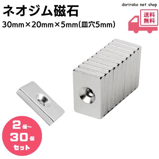 ネオジム磁石 ネオジウム磁石 30mm×20mm×5mm 皿穴5mm ネジ穴 長方形 角型 超強力 磁石 マグネット N35 永久磁石 DIY オフィス 事務所 建築 送料無料 領収書発行 まとめ買い