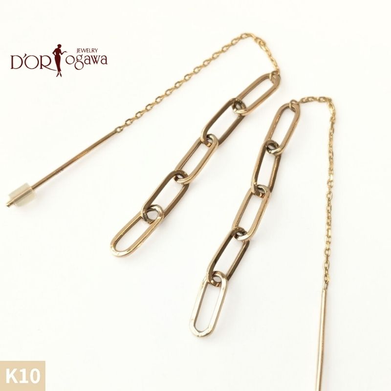 Rakuten - K10 イエローゴールド ロング ピアス ゴールド 地金 k10 10K k10YG Gold 金 10金 金属アレルギー対応 シンプル 耳飾り メタル アクセサリー 軽量 チェーンピアス ロング ワイドチェーン 鎖 モチーフ 送料無料 日本製