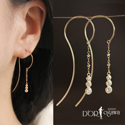 K10 キュービックジルコニア ピアス K10YG WG スリー キュービックジルコニア ロング フック ピアス クリスマスギフト スッと着けて繊細に揺れる今どきロングフックピアス zaiのサムネイル