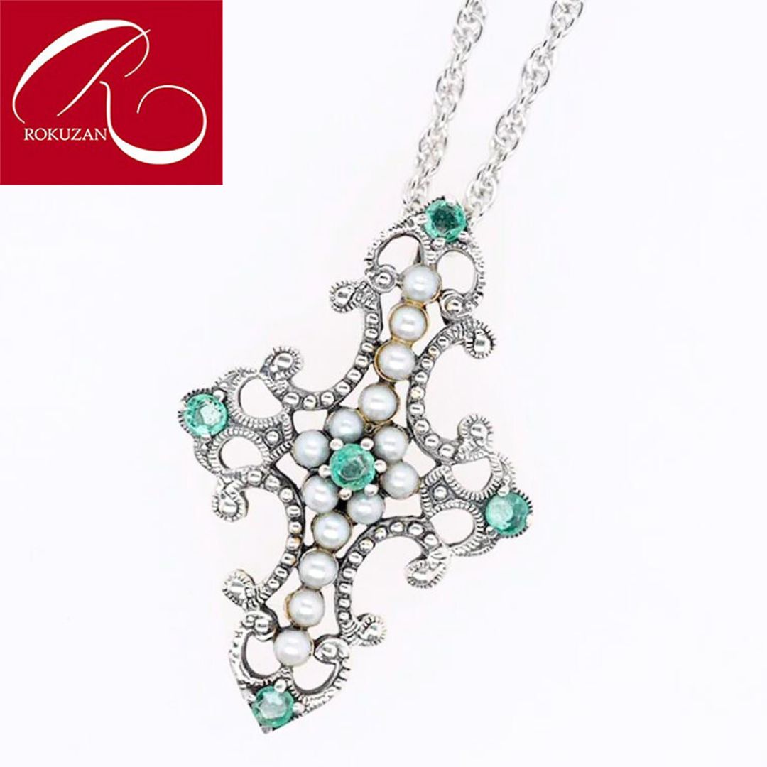 【碌山】 シルバー エメラルド&パール クロス ペンダントトップ シルバー アンティーク ジュエリー おしゃれ レディース 送料無料 ギフト プレゼント おしゃ...