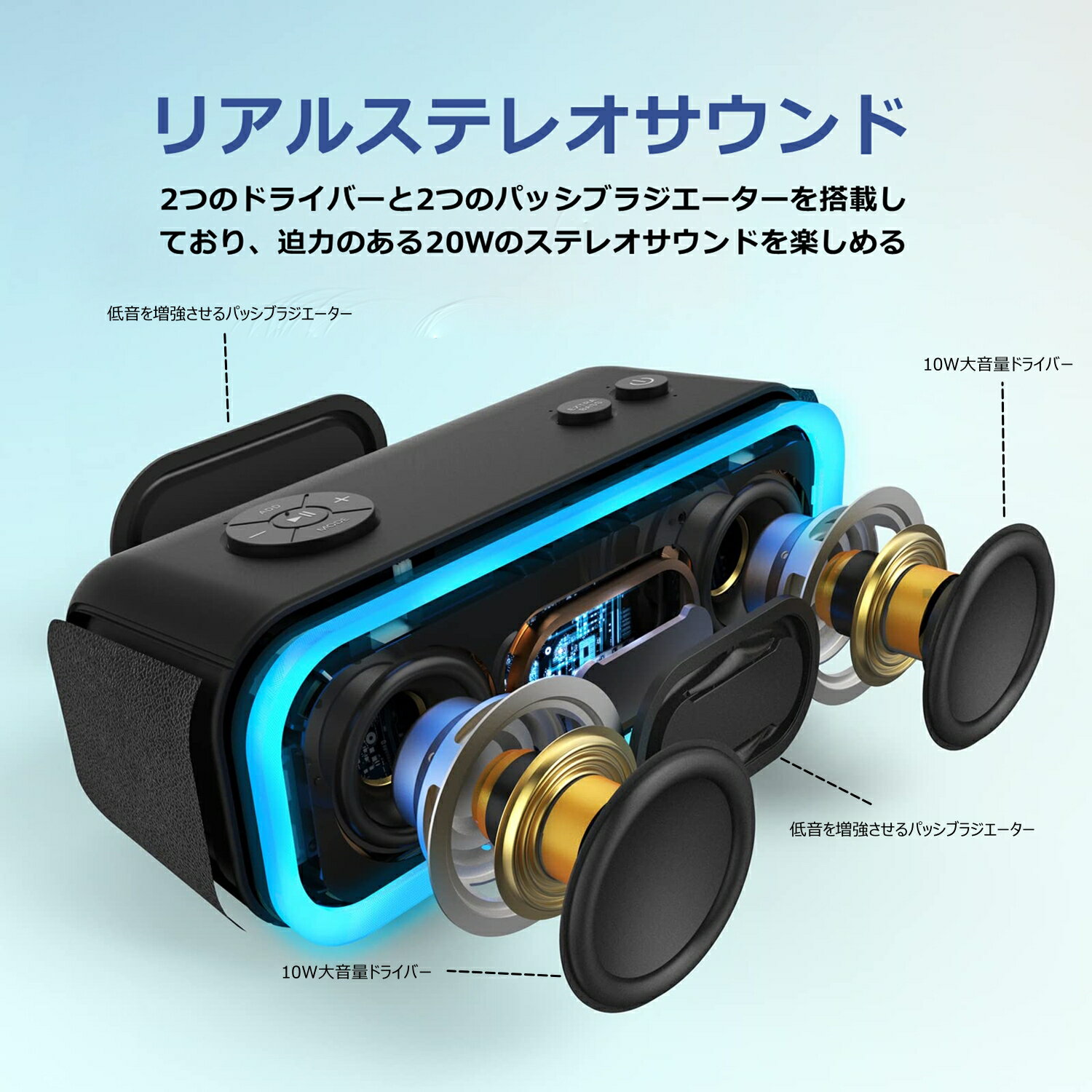 送料無料 DOSS SoundBox Pro Bluetooth スピーカー 20W 高音質 ポータブル 小型スピーカー イルミネーション機能 20時間再生 EXTRA BASS IPX6防水 パッシブラジエーター搭載 ワイヤレスステレオ Aux TFカード対応 風呂 アオトドアに適用 2
