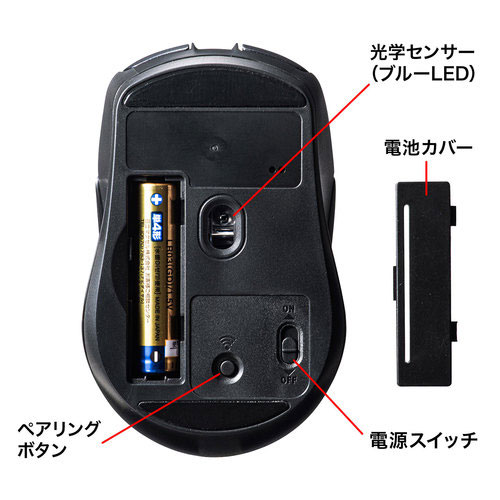 サンワサプライ　送料無料　直送　Bluetooth　5．0　ブルーLEDマウス　5ボタン・左右対称（ブラック）