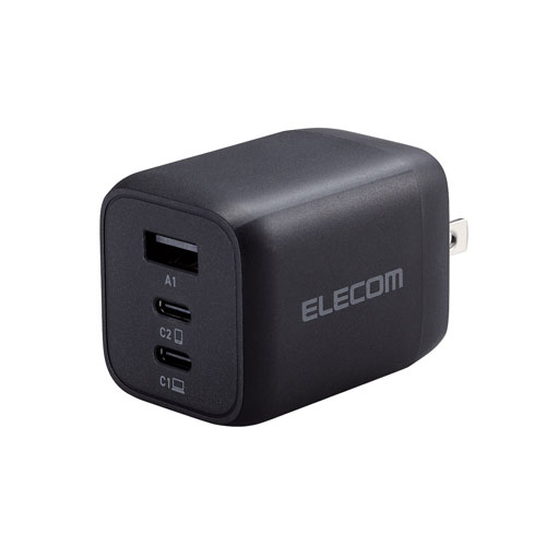 エレコム 直送 USB Type-C 充電器 PD PPS対応 合計出力65W Type C×2 USB A ×1 折りたたみプラグ(ブラック)