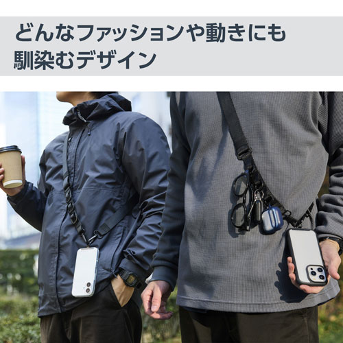 エレコム メーカー直送　スマホショルダー ストラップ 97〜150cm長さ調整可 ループ付 ストラップホールシート付（ディープブラック）