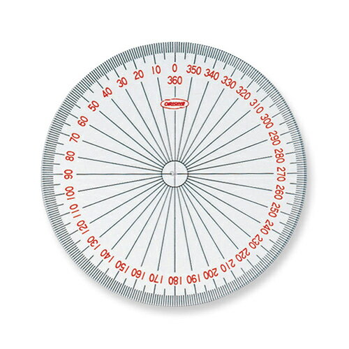 ※取寄せ品となる為メーカーに在庫があれば2週間程度でお届けいたします。メーカー欠品の場合はお待ちいただく場合もございます。※取寄せ品につき、ご注文後のキャンセルはお受けできません。予めご了承ください。●180度以上の角度が測れる分度器　円の角度が理解しやすく、180度以上の角度を測ったり、描いたりするのに便利です。●中心の穴（直径1．2）により、位置決めやしるしを付けるのに便利です。●入数：1個●本体サイズ(mm)：径80×厚1.0●材質：硬質塩化ビニール樹脂●JANコード：4963346115097※商品コード：069-00377