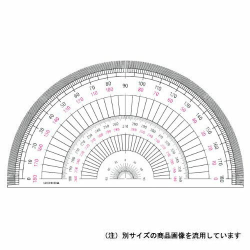 ※取寄せ品となる為メーカーに在庫があれば1週間程度でお届けいたします。メーカー欠品の場合はお待ちいただく場合もございます。※取寄せ品につき、お客様都合によるご注文後のキャンセルおよび返品はお受けできません。●入数：1枚●JANコード：4951754008407※商品コード：444-00461（1）ウチダ　半円分度器　径120mm　径120mm（3）ウチダ　半円分度器　径180mm　径180mm