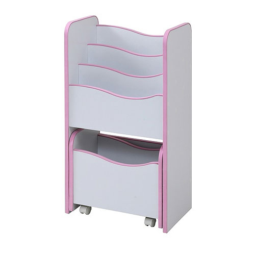 JKプラン　絵本棚　3段　おもちゃ絵本ラック　えほんだな　こども絵本ラック　キャスター付きラック（ホワイトピンク）