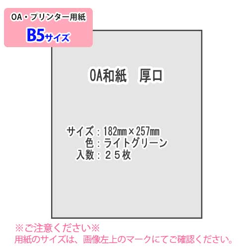 ※取寄せ品となる為メーカーに在庫があれば2週間程度でお届けいたします。メーカー欠品の場合はお待ちいただく場合もございます。※取寄せ品につき、お客様都合によるご注文後のキャンセルおよび返品はお受けできません。●優雅な和紙の風合いをいかしポリエステル繊維の地模様をきれいなカラーで色付けされた用紙です。●P．P．C．複写機・モノクロレーザー・ドット・熱転写などいろいろなプリンタで使用できます。インクジェットプリンタでも使用できますが、繊維の上に印字した文字がにじむ場合があります。●入数：1冊●規格：B5●サイズ：182×257●色：ライトグリーン●入数：25枚×1冊●JANコード：4909171759723※商品コード：787-00242