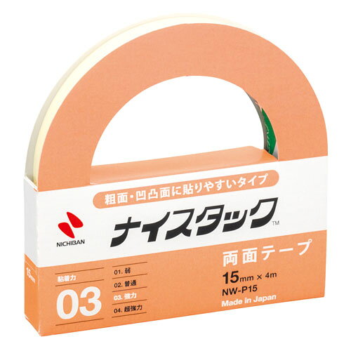 ※カッターはついていません。●フックハンガーやネームプレートの貼りつけに。●入数：1巻●寸法：幅15mm×長4m●テープ厚：0.71mm●用途：フックハンガー用●材質：巻芯＝古紙使用，基材＝PEフォーム，粘着剤＝アクリル系，はく離紙＝紙●JANコード：4987167018832※商品コード：09162