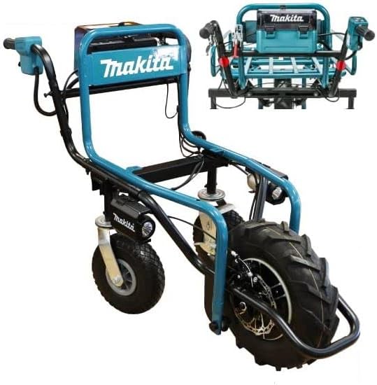 商品の寸法 111奥行き x 67幅 x 82高さ cm ブランド Makita(マキタ) 材質 金属 色 ブルー 特徴 機動性がある この商品について ※荷台部・バッテリ・充電器は別売りとなっております。予めご了承くだいさい。 18Vバッテリ1本でパワフルに使える「充電式」運搬車、農家、果樹園、造園、建設現場など、あらゆるシーンで活躍。リフレクタ(反射板)付。※本機は、道路交通法上の「原動機を用いる軽車両」の型式認定を取得しています。本機は、労働安全衛生法に規定される構内運搬車に該当します。最大積載量130kg。最大登坂能力12°※。坂道でもぐんぐん進む、高出力,ブラシレスインホイールモータ搭載。走行可能距離は約7.2km※バッテリBL1860B×2本時（目安）ライトOFF、平地、積載量130kgでの最大数値。 強力ブレーキ搭載。ブレーキ引き時はモータストップ。軽く握って、カンタンに速度調整、下り坂でも確実に減速・停止。使いやすいスイッチ配置。走行関係は手元に集中配置。バッテリ2コ装着可能、バッテリ1コでも駆動。バッテリ切れお知らせブザー付。後輪タイヤ幅の無段階調整が可能。畑や路面が狭い場所の走行に便利。（調整幅 480～760mm。一輪車用フット付。悪路の走行に便利。 車に積み込めるコンパクト設計。ハンドルを折りたためばさらにコンパクト。高輝度LEDライト×2灯搭載。薄暗い環境でも明るく照らし、視界を確保。オートオフ機能でライトの切り忘れ防止。水道ホースで丸洗いが可能。防滴・防じん「アプト」採用。※注意：水や粉じんによって故障しないことを保証するものではありません。 直流18V、スライド式Li-ionバッテリ仕様。バッテリ・充電器別売。電動機：インホイールモータ。最高速度（km/h）前進:高速3.5／低速1.5後進:1.0。使用可能時間：約2時間(BL1860B×2本)。最小回転半径：1,075mm(前輪を軸に回転した場合)。ブレーキ前輪:ワイヤ式ディスクブレーキ、後輪:ペダル固定式。タイヤ:前輪チューブレスタイヤ/後輪ノーパンクタイヤ 製品寸法　長さ×幅×高さ：パイプフレーム時最大:1,535mm×1,035mm×915mm/最小:1,110mm×670mm×820mm、バケット時最大:1,290mm×815mm×915mm/最小:1,110mm×590mm×820mm。質量：パイプフレーム時45kg/バケット時40kg(バッテリBL1830B×1本含む)