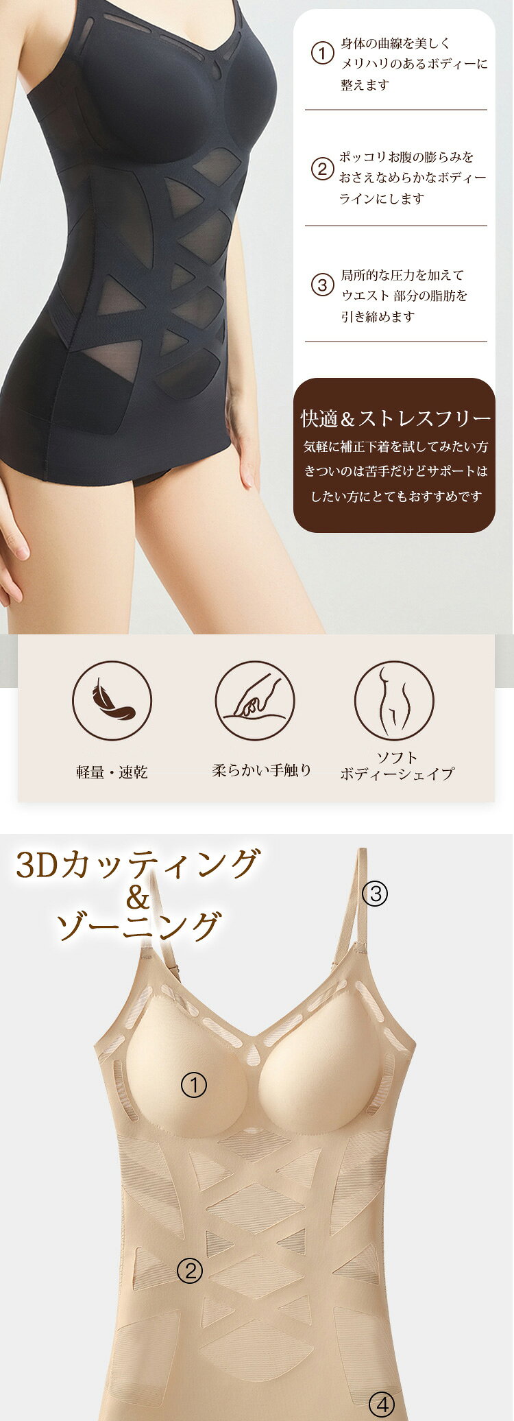 タンクトップ キャミソール ブラカップ付き Vネック メッシュ 補正下着 ウエストシェイプ ポッコリお腹 ゾーニング シームレス 着痩せ 体型カバー 通気性 やわらかい 通気性 送料無料 メール便 dotori-10007110 dotori サンプル画像3