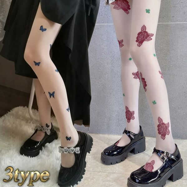 Stockings - ストッキング パンティストッキング タイツ バラ柄 蝶々 バタフライ 花柄 オールシーズン コスプレ ハロウィン 仮装 ロリータ ゴスロリ ブラック ホワイト