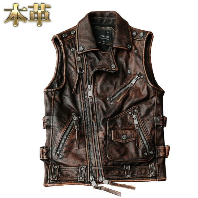 ライダースベスト ライダースジャケット レザーベスト メンズ 本革 ベスト メンズベスト レザージャケット 革ジャン 皮ジャン ブルゾン メンズアウター ブラウン 茶 ダークブラウン オールシーズン