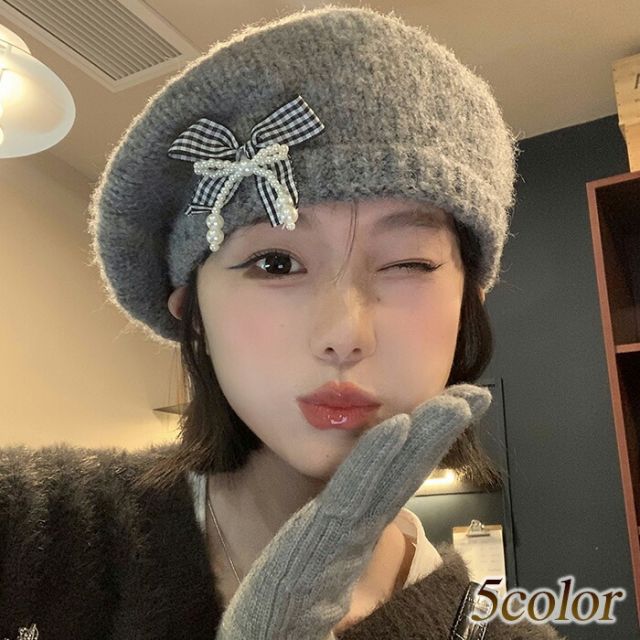 Knit Hat - 帽子 レディース ニット帽 ニットベレー帽 リボン パールリボン ガーリー フェミニン ガーリーファッション 送料無料メール便