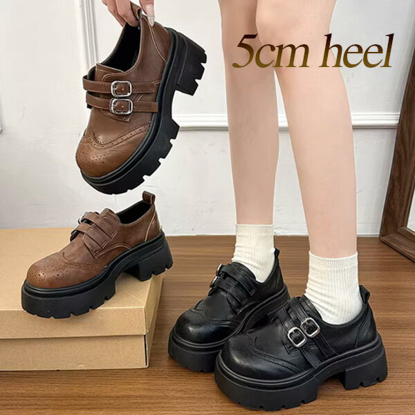 ローファー レディース 厚底 5cmヒール ダブルストラップ 穴飾り パンプス 痛くない 柔らかい PUレザー マット ブラック ブラウン スムース 撥水 安定感 太ヒール チャンキーヒール スタイルアップ おしゃれ かわいい レトロ マニッシュ 参戦服 地雷系 量産型