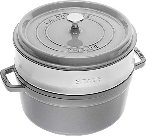 鋳物ホーロー鍋 staub ストウブ 「 ピコ ココット ラウンド グレー 26cm スチーマーセット 」 大きい 両手 鋳物 ホーロー 鍋 IH対応 【日本正