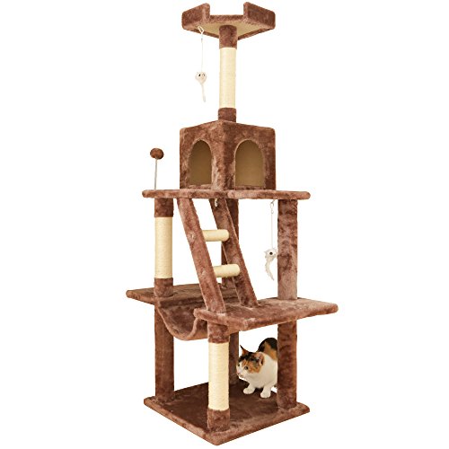アイリスプラザ キャットタワー ハンモック 爪とぎ コンパクト おもちゃ付き 据え置き型 仔猫にも ブラウン キャットランド 高さ155cm