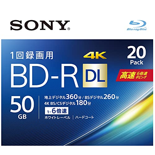 ソニー ブルーレイディスク BD-R DL 50GB (1枚あたり地デジ約6時間) 1回録画用 20枚入り 6倍速ダビング対応 ケース付属 20