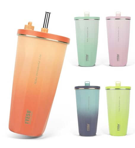 【SNSで話題】TYESO タンブラー ストロー付き 600ml ステンレス 蓋付き 真空断熱 保温 保冷 アウトドア 持ち運び便利 直飲み 漏