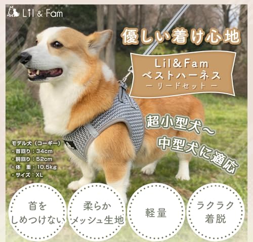Lil&Fam 犬 ハーネス 胴輪 リードセット 身体に優しい 反射材付き メッシュ 小型犬 中型犬 猫 (ブラック XLサイズ)