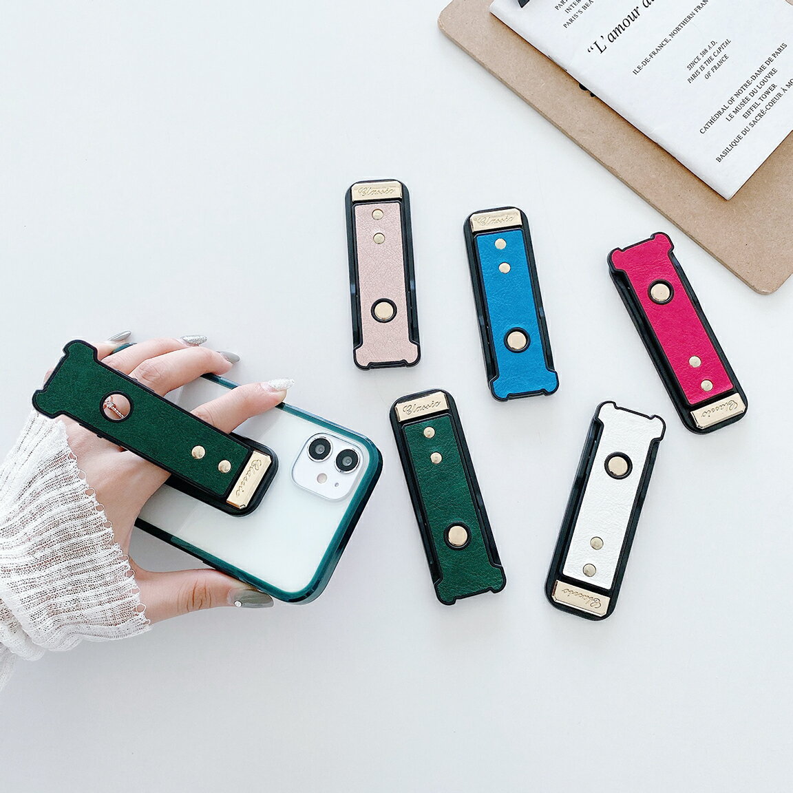 【1点から使える3%OFFクーポン！】 スマホバンド スマホベルト PUレザー プレミアム ホールドベルト ホールドバンド スライド式スマホアクセサリー スマホリングバンド調整 フィンガーバンド スマホベルト 粘着シール 携帯ホルダー 選べる10色 落下防止 動画視聴