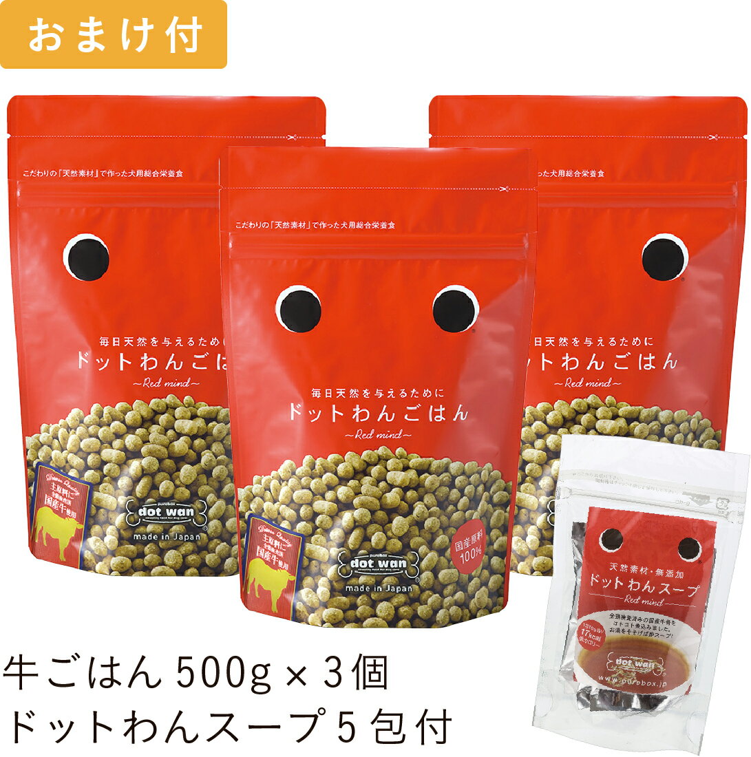 ドッグフード 無添加 国産 ドットわん ごはん 3個 ドットわんスープ5包入り付セット 総合栄養食 ドライフード 牛ごはん 全年齢 犬種対応 ドットわん