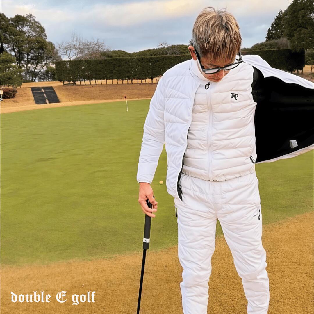 【double E golf】ノーカラーダウンジャケット メンズ 軽量 防寒 保温 着脱しやすい 脱ぎ着しやすい ジップポケット セットアップ対応 ホワイト ブラック ゴルフウェア